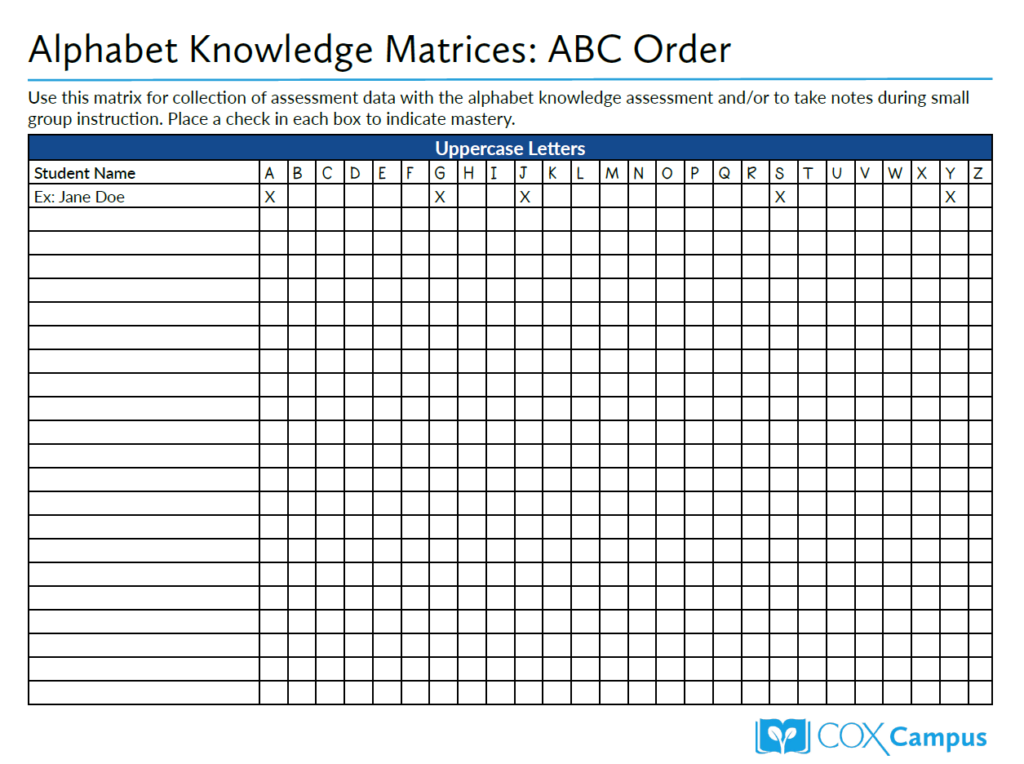 Alphabet Knowledge Matrices: ABC Order