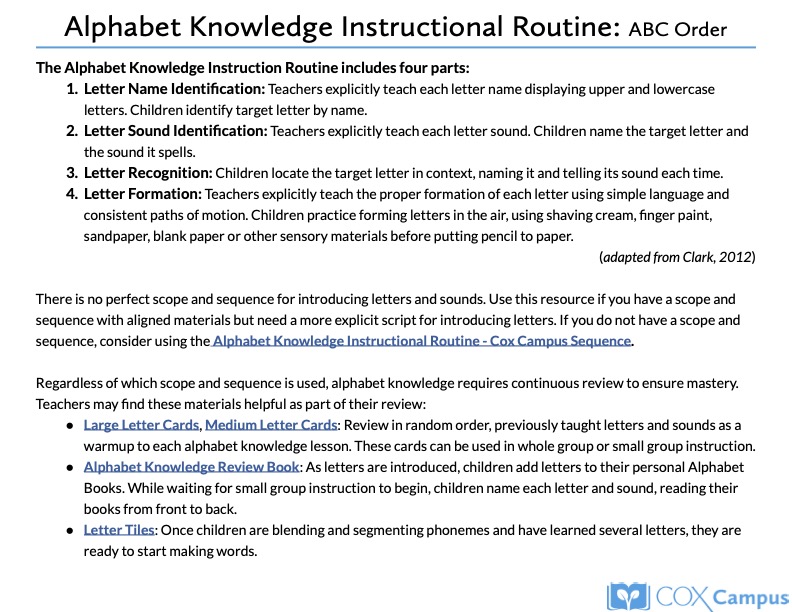 Alphabet Knowledge Instructional Routine: ABC Order