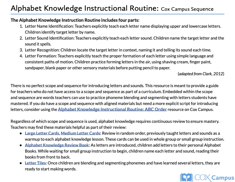 Alphabet Knowledge Instructional Routine: Cox Campus Sequence