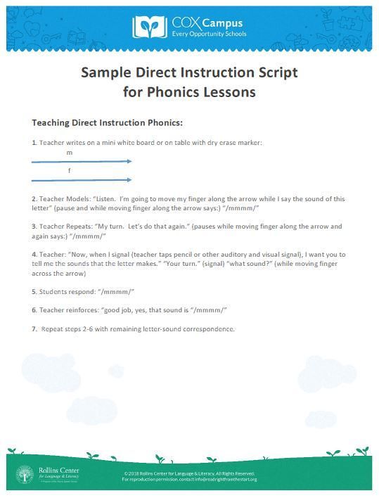 Sample Direct Instruction for Phonics Instruction