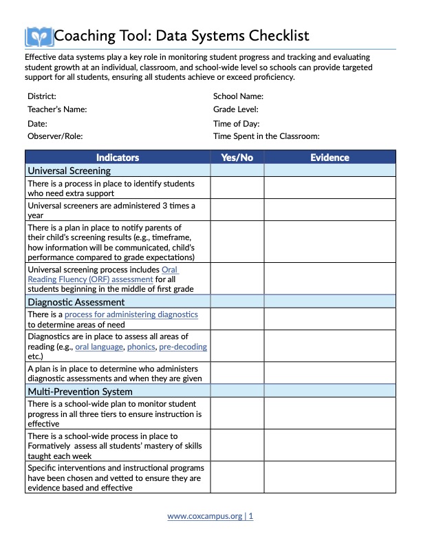 Coaching Tool: Data Systems Checklist