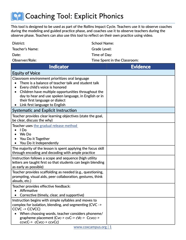 Coaching Tool: Explicit Phonics