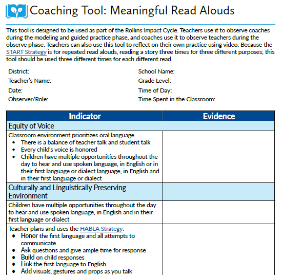 Coaching Tool: Meaningful Read Alouds