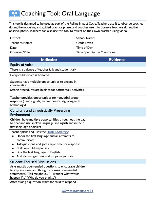 Coaching Tool: Oral Language