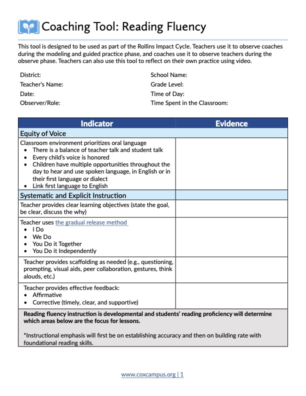 Coaching Tool: Reading Fluency