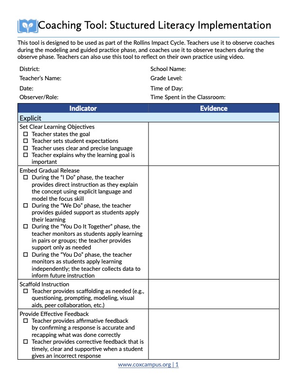 Coaching Tool: Structured Literacy Implementation