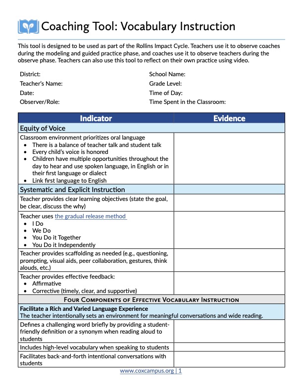 Coaching Tool: Vocabulary Instruction