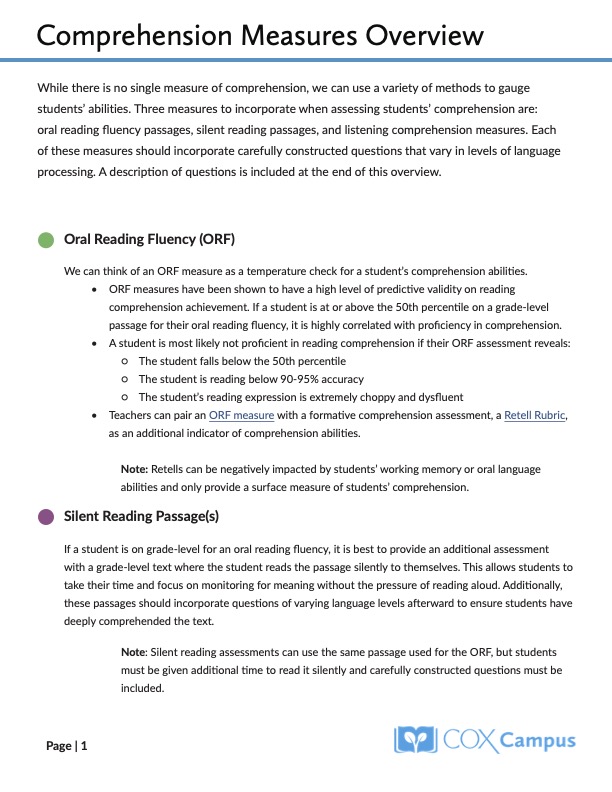 Comprehension Measures Overview