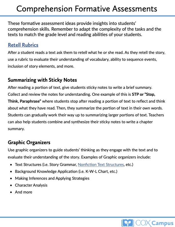 Comprehension Formative Assessments