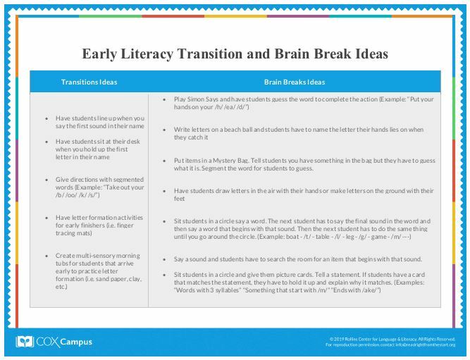 Early Literacy Transition and Brain Break Ideas