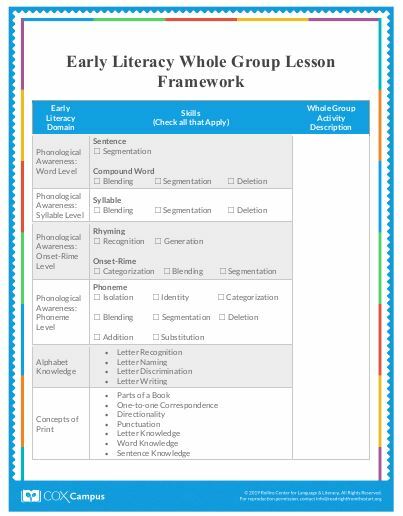 Early Literacy Whole Group Lesson Framework and Example