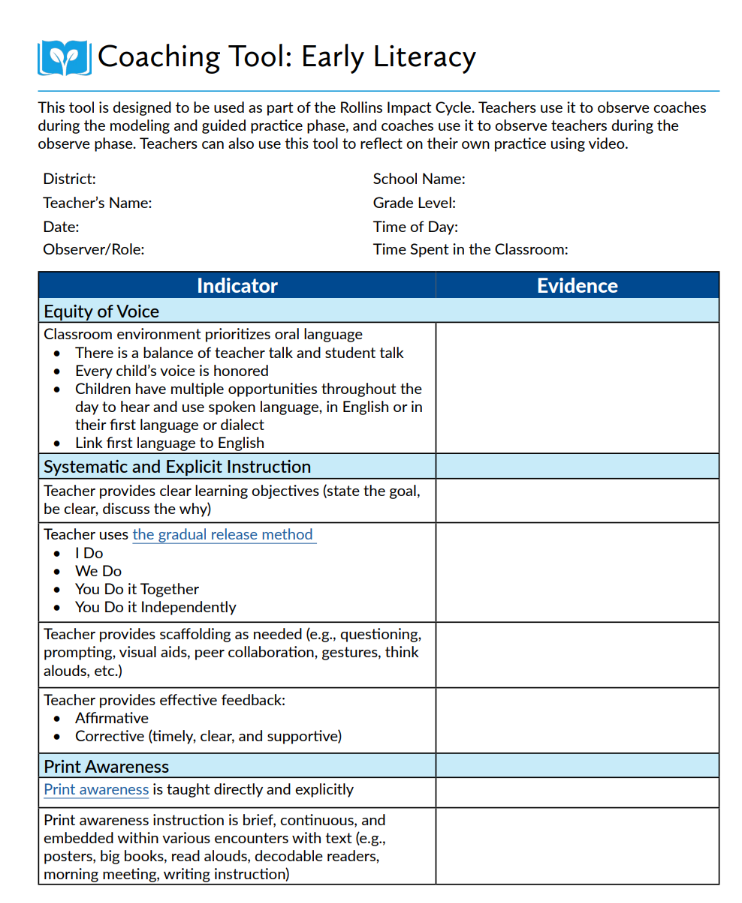 Coaching Tool: Early Literacy