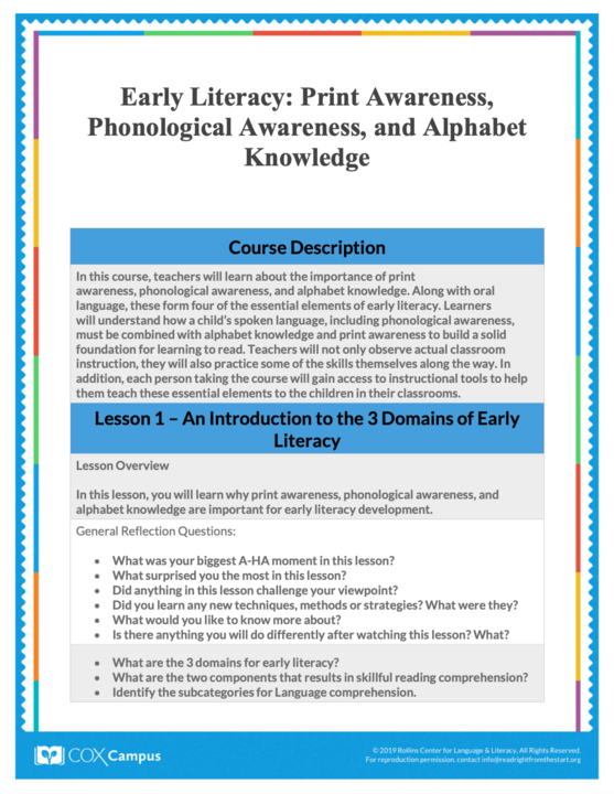Early Literacy: Print Awareness, Phonological Awareness, and Alphabet Knowledge Course Guide
