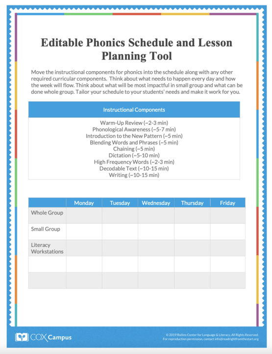 Editable Phonics Schedule and Lesson Planning Tool