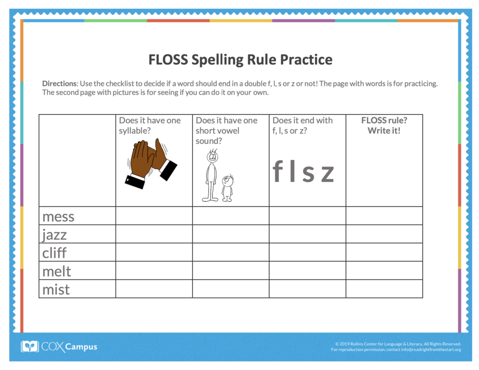 Spelling checklists for FLOSS Rule and Long Spellings -ck, -tch, -dge