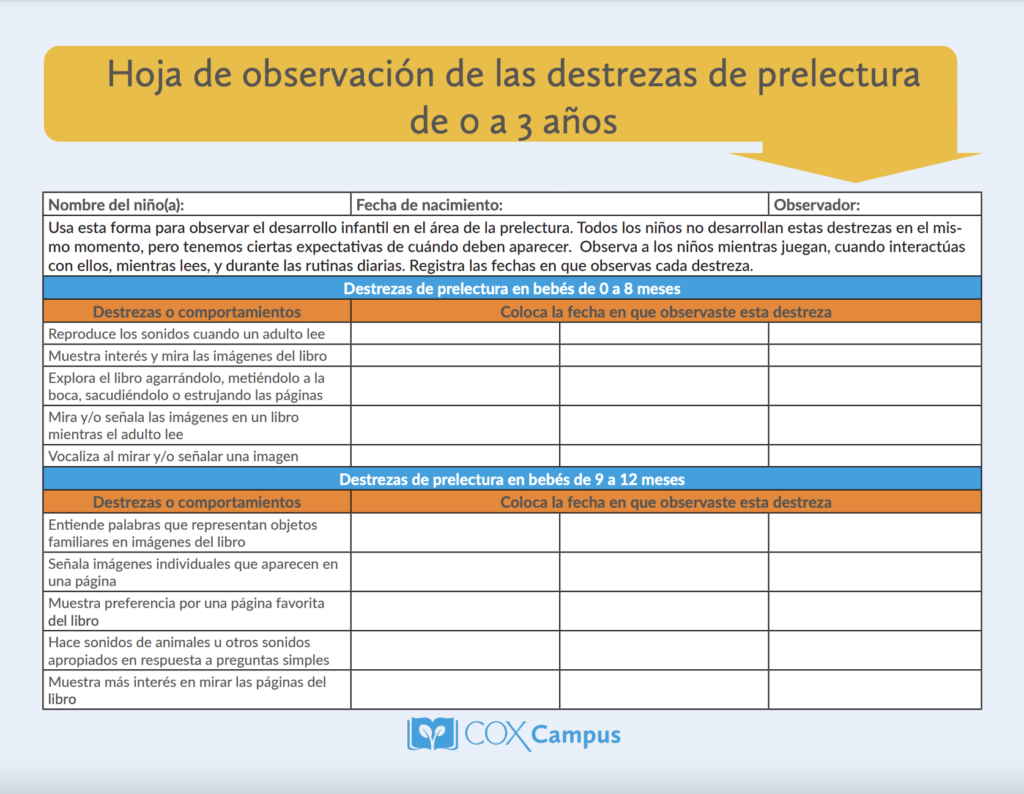 Hoja de observación de las destrezas de prelectura de 0 a 3 años