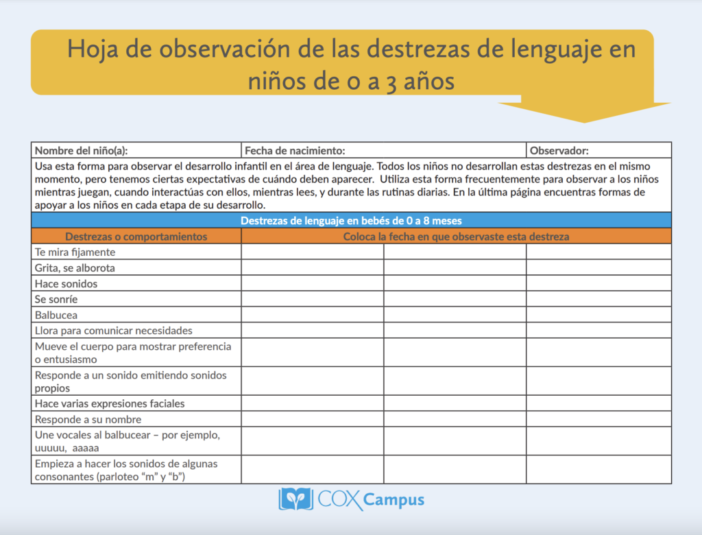 Hoja de observación de las destrezas de lenguaje en niños de 0 a 3 años