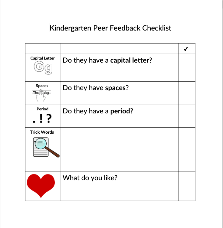 Kindergarten Peer Feedback Checklist