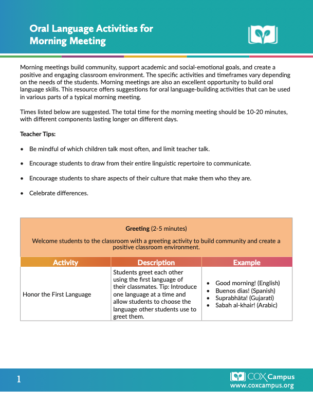 Oral Language Activities for Morning Meeting