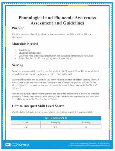 Phonological and Phonemic Awareness Assessment and Guidelines