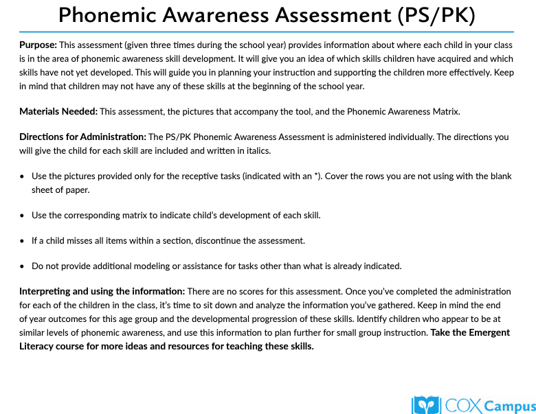 Phonemic Awareness Assessment and Matrix (PS/PK)