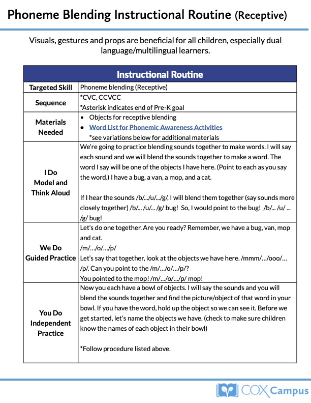 Phoneme Blending Instructional Routine (Receptive)