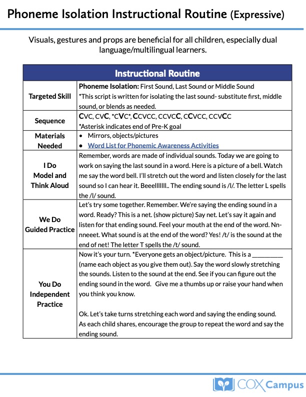 Phoneme Isolation Instructional Routine - Expressive