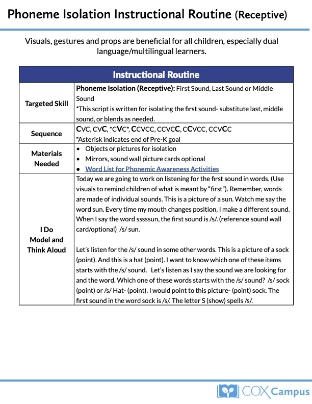 Phoneme Isolation Instructional Routine  - Receptive