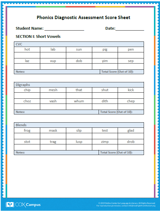Phonics Diagnostic Assessment Score Sheet