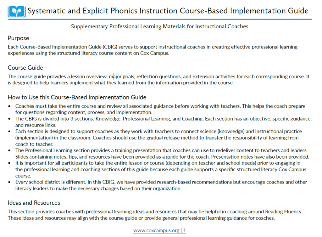 Systematic and Explicit Phonics Instruction Course-Based Implementation Guide