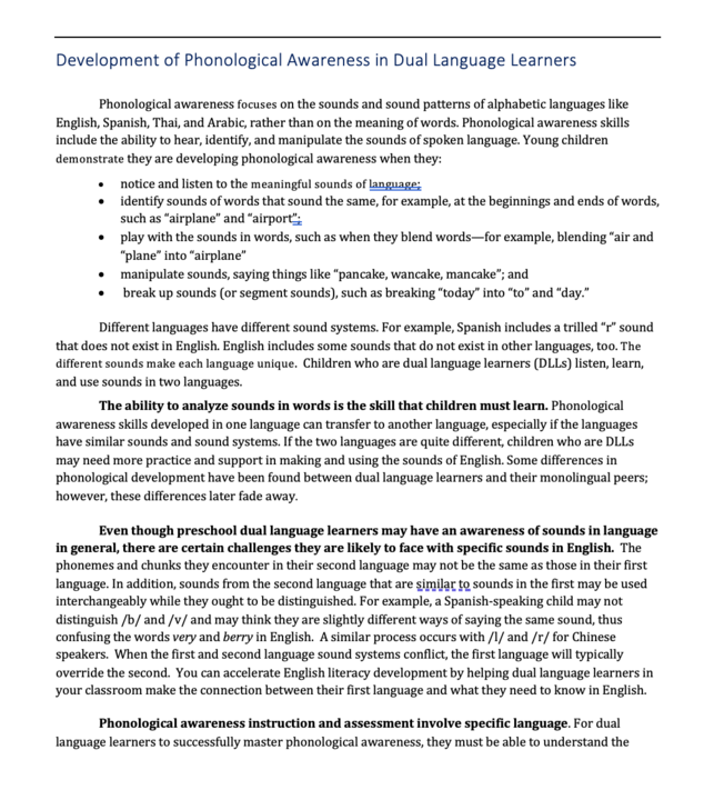 Development of Phonological Awareness in Dual Language Learners