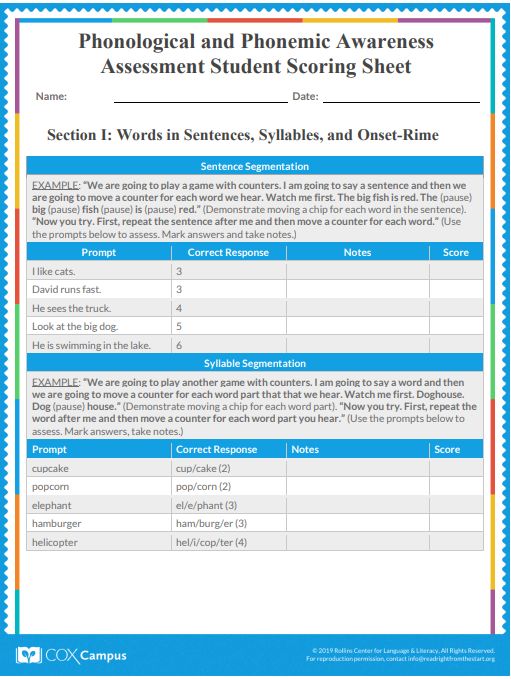 Phonological and Phonemic Awareness Assessment Student Score Sheet