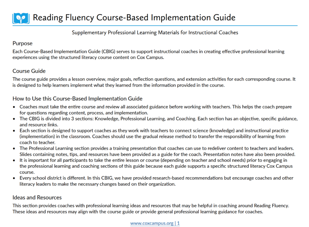 Reading Fluency Course-Based Implementation Guide