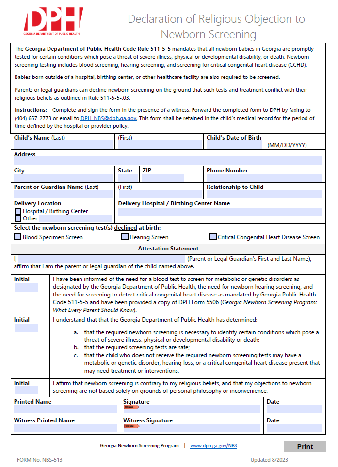 Declaration of Religious Objection to Newborn Screening