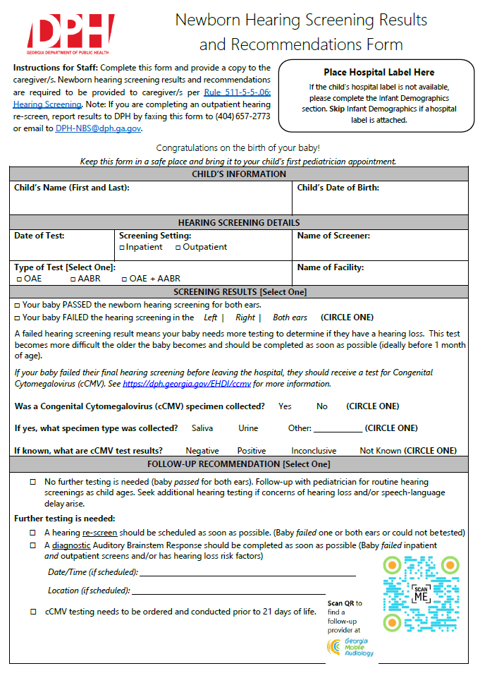 Newborn Hearing Screening Results and Recommendations Form