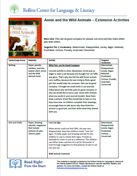 Annie and the Wild Animals Extension Activities | Resource Library | Cox  Campus