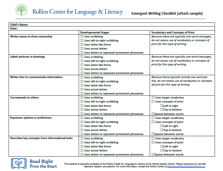 Emergent Writing Checklist (Fillable)