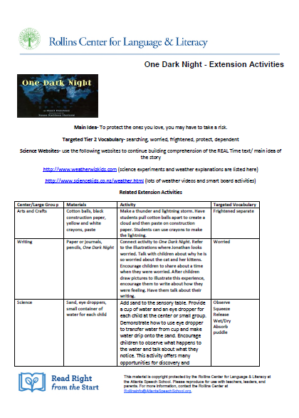 One Dark Night Extension Activties
