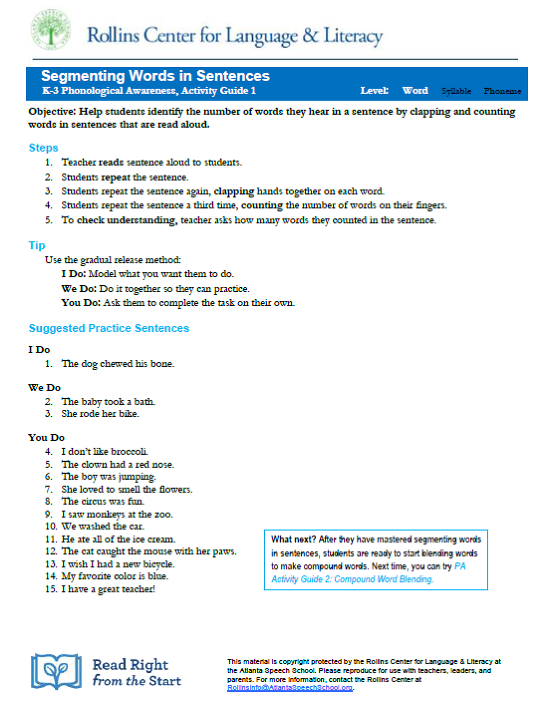 Segmenting Words in Sentences: PA Activity Guide 1 (K-3)