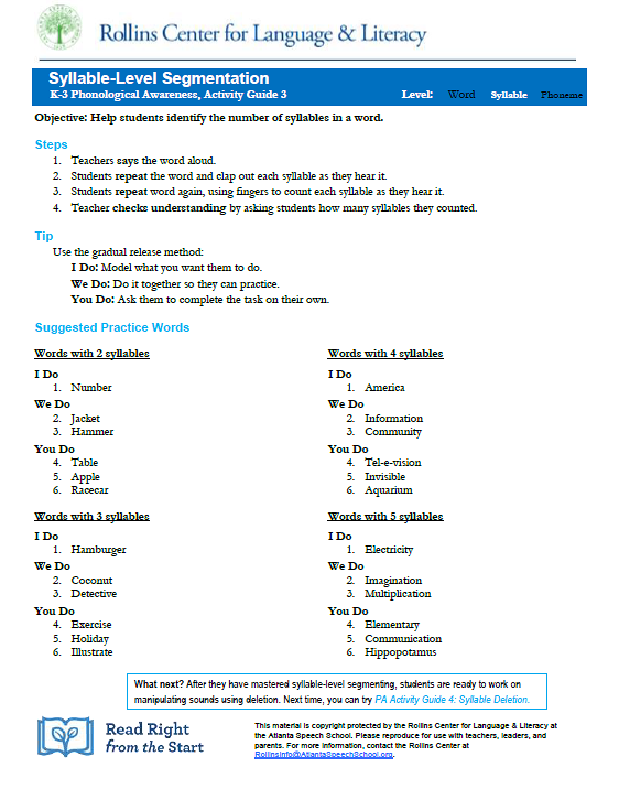 Syllable-Level Segmentation: PA Activity Guide 3 (K-3)