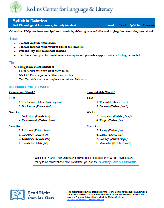 Syllable Deletion: PA Activity Guide 4 (K-3)