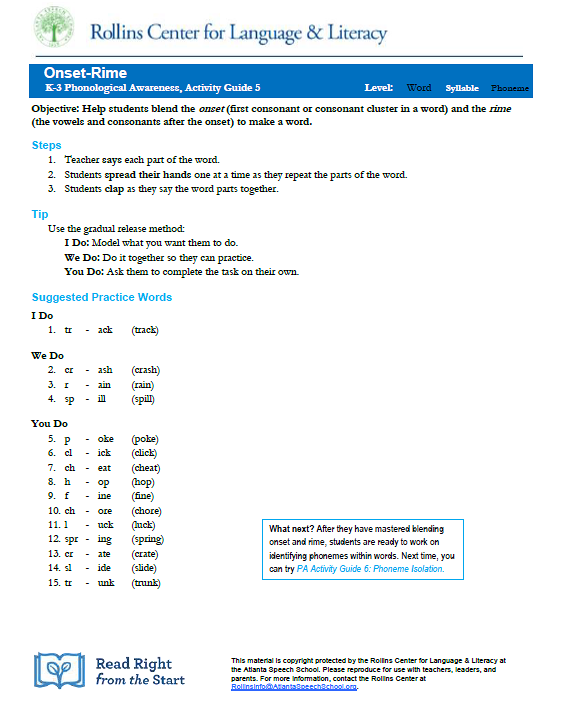 Onset-Rime: PA Activity Guide 5 (K-3)