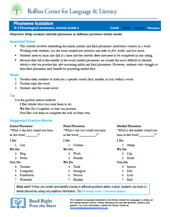 Phoneme Isolation: PA Activity Guide 6 (K-3)