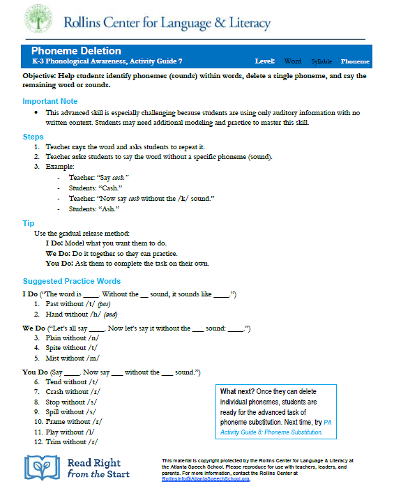 Phoneme Deletion: PA Activity Guide 7 (K-3)