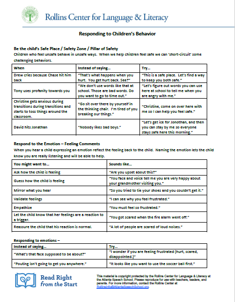 Responding to Children's Behavior Chart