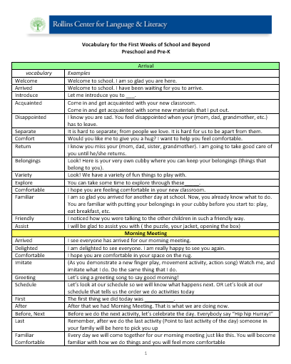 Vocabulary for First Week of School and Beyond