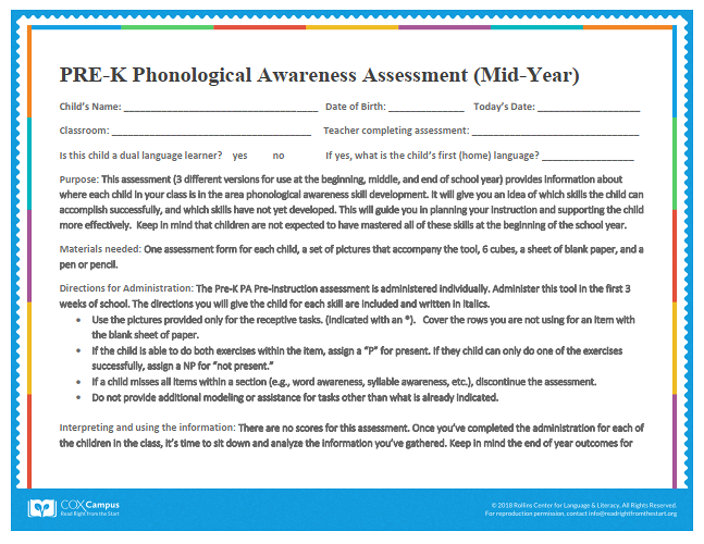 Mid-Year Pre-K Phonological Awareness Assessment