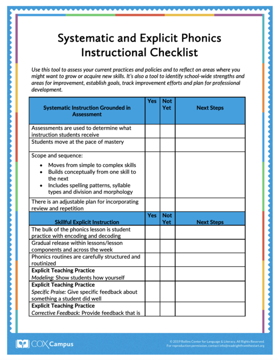 Systematic and Explicit Phonics Instructional Checklist