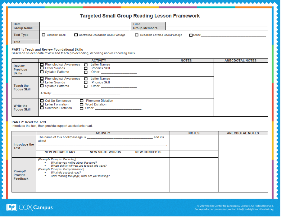 Targeted Small Group Reading Lesson Framework