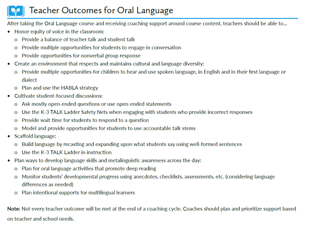 Teacher Outcomes for Oral Language